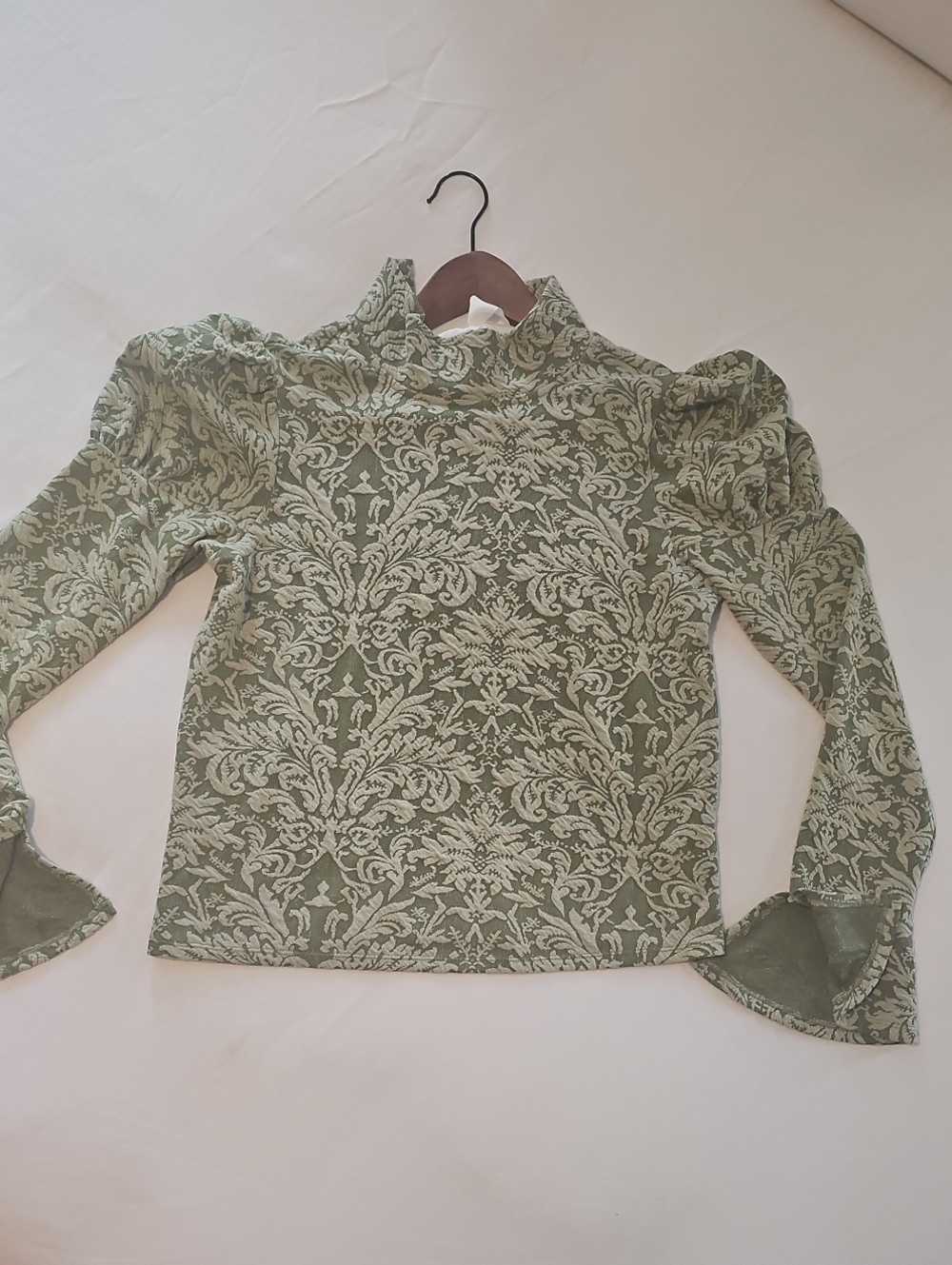 Anthropologie Sage Green Jacquard Puff-Sleeve Long Sleeve Top